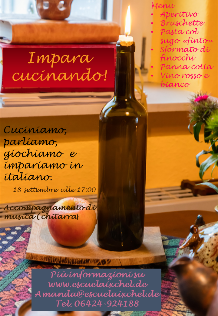 In questa serata italiana vogliamo festeggiare che ci siamo. La serata completa include il cibo, le bevande e il materiale didattico al prezzo di 50,00 € a testa. Non abbiamo un’ora fissa per finire, possiamo cantare e ballare tutta la notte. Ci aspettiamo a escuela IxChel. 18 settembre alle 17.00.
