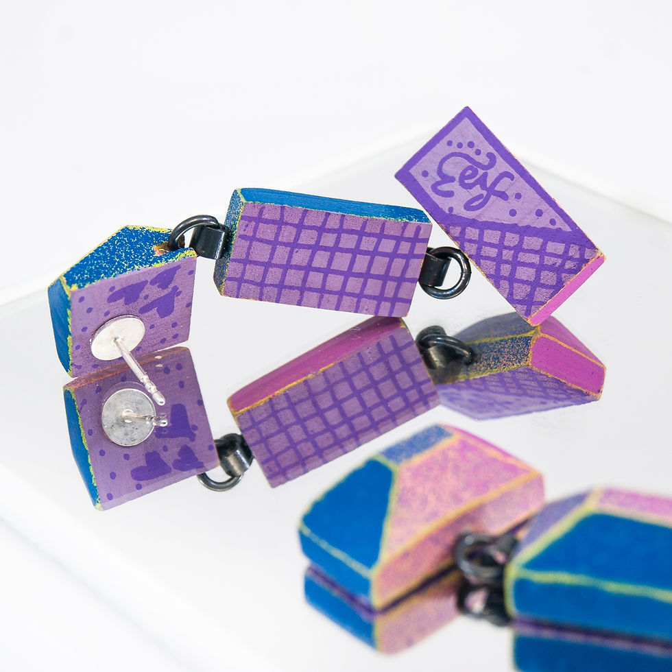 Thumbnail: Detail view from Blue de France and Punch Pink colours with Pastel Yellow contrasted edges dangle earrings