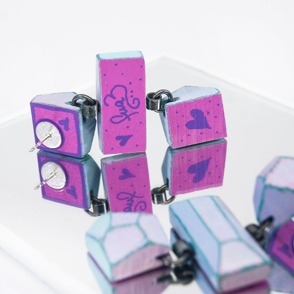 Detail view from Thistle and Baby Blue colours with Cyan contrasted edges dangle earrings