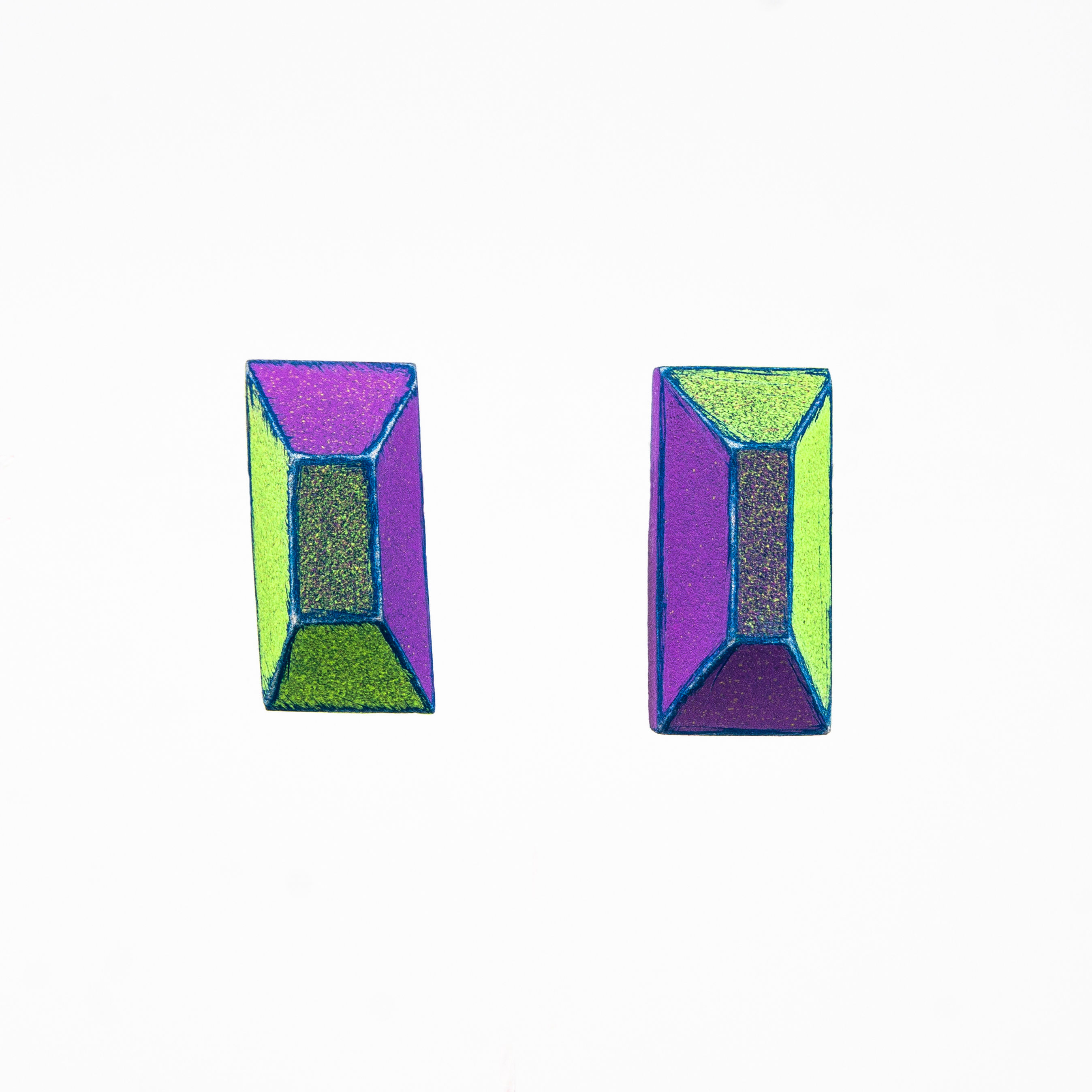 Front view from Neon Green and Violet with Blue contrasting edges stud earrings