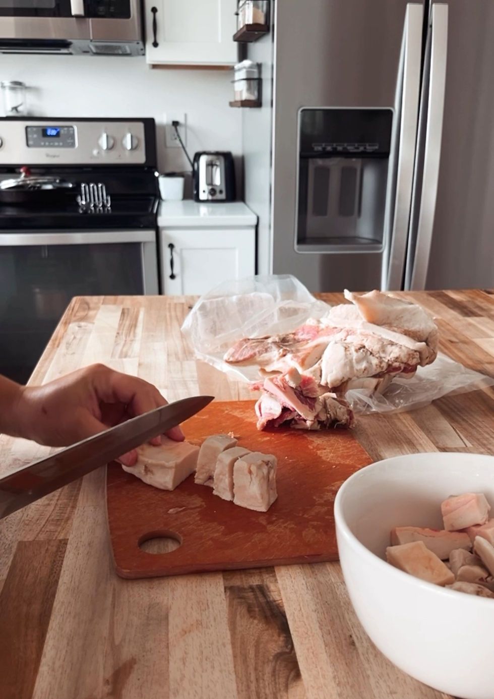 Chopping beef suet into cubes