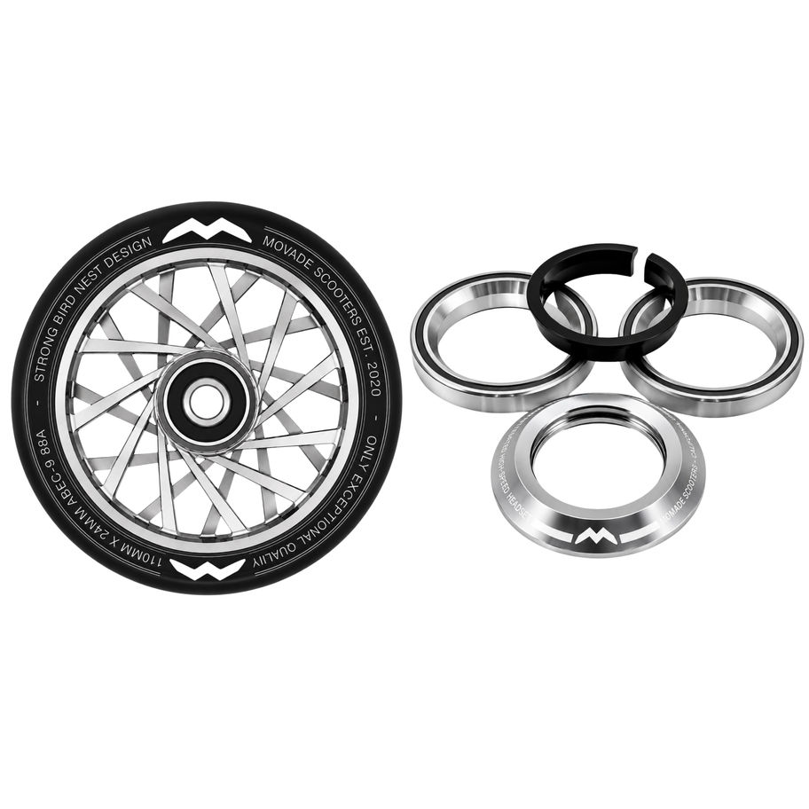 Stunt-Scooter Wheel von Movade (Felgendesign: Nest) + Headset in Silber Chrome