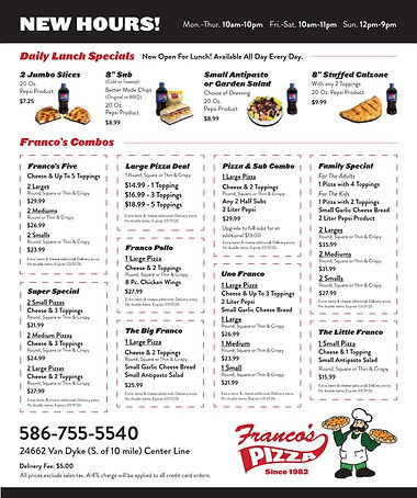 francos menu, Franco's menu, pizza menu