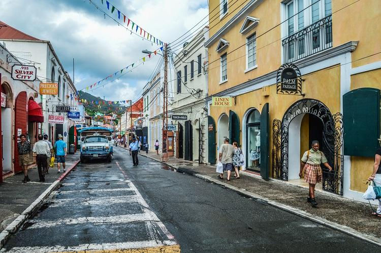 Main Street shopping in Charlotte Amalie near Cardow Jewelers