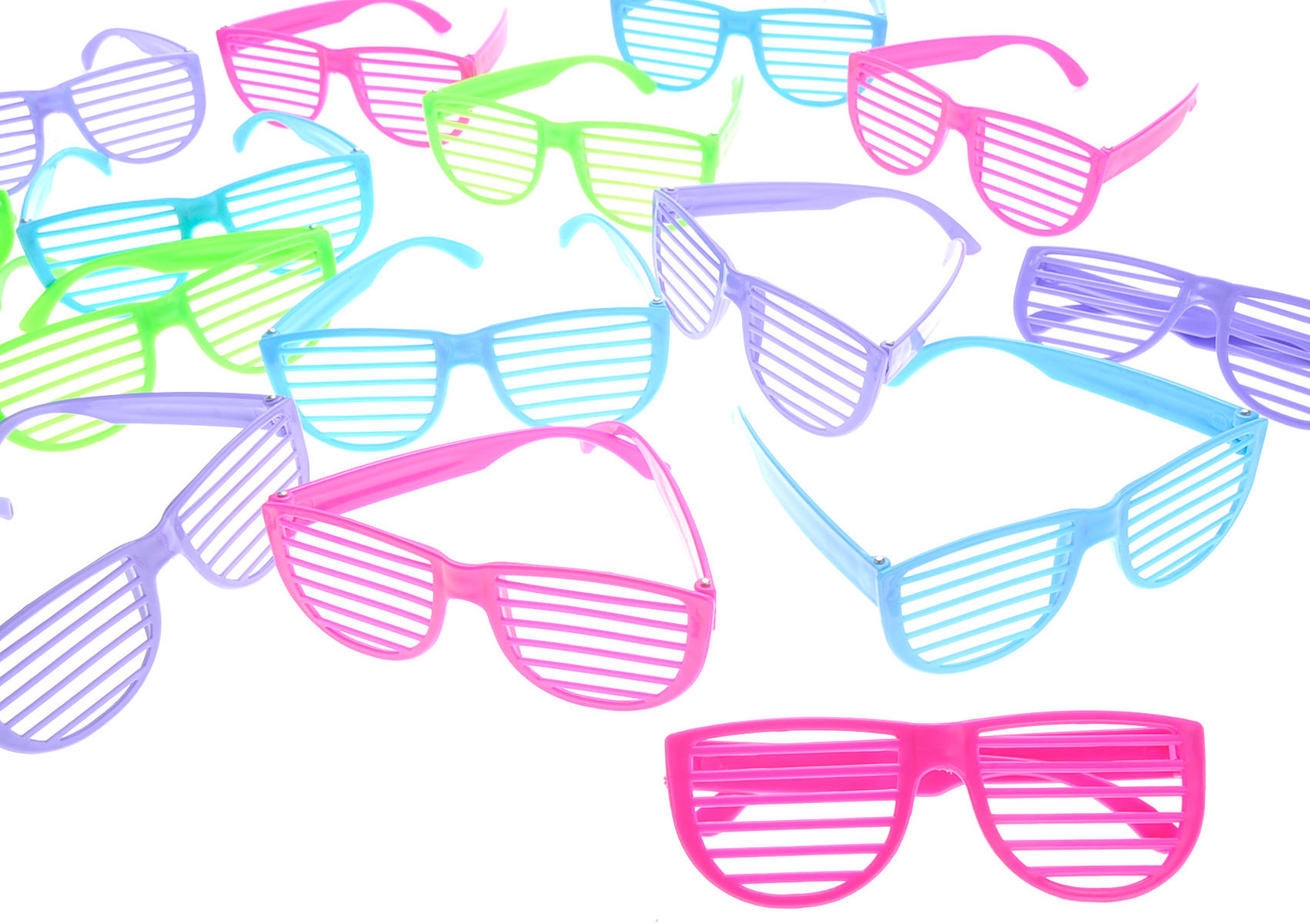 Plastic Shutter Shades Glasses (12Pairs/PK, Purple,Blue,Green, And Pink)