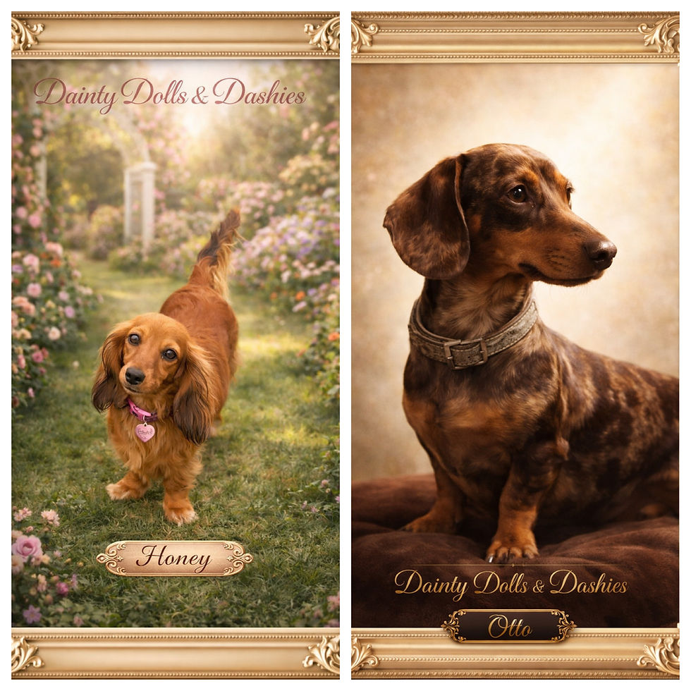 Two dachshunds: long-haired Penny in garden, dapple Dottie posing