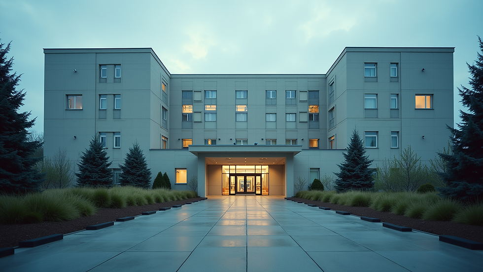 Eye-level view of a hospital building exterior