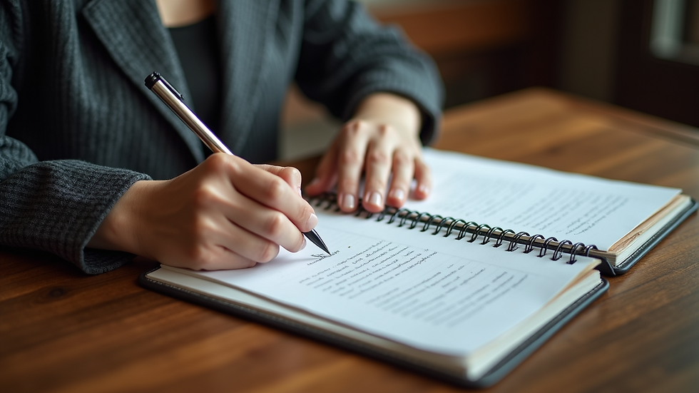 High angle view of a woman writing notes on a legal pad
