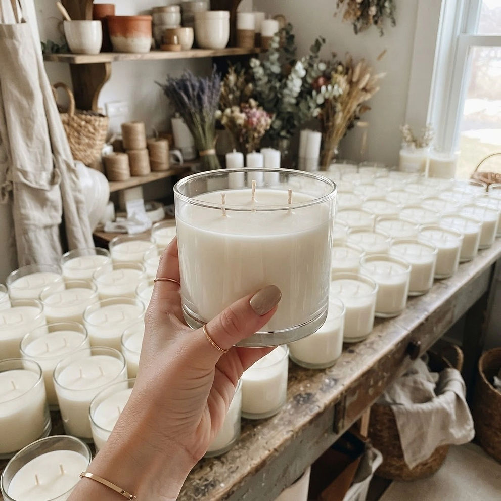 a manicured hand holding a large three wick candle in a clear jar with white wax, unlabele