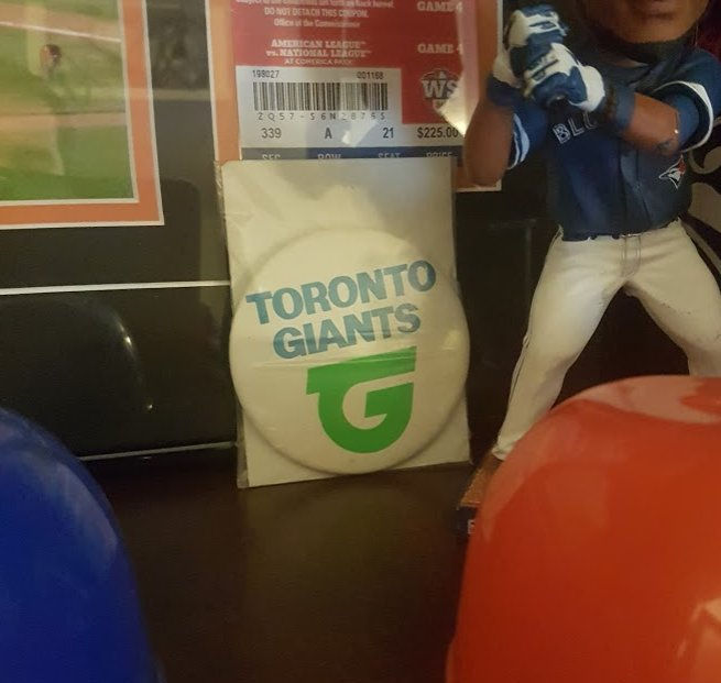 A pin displaying a possible Toronto Giants logo — a departure from the team's iconic black and orange colour scheme.