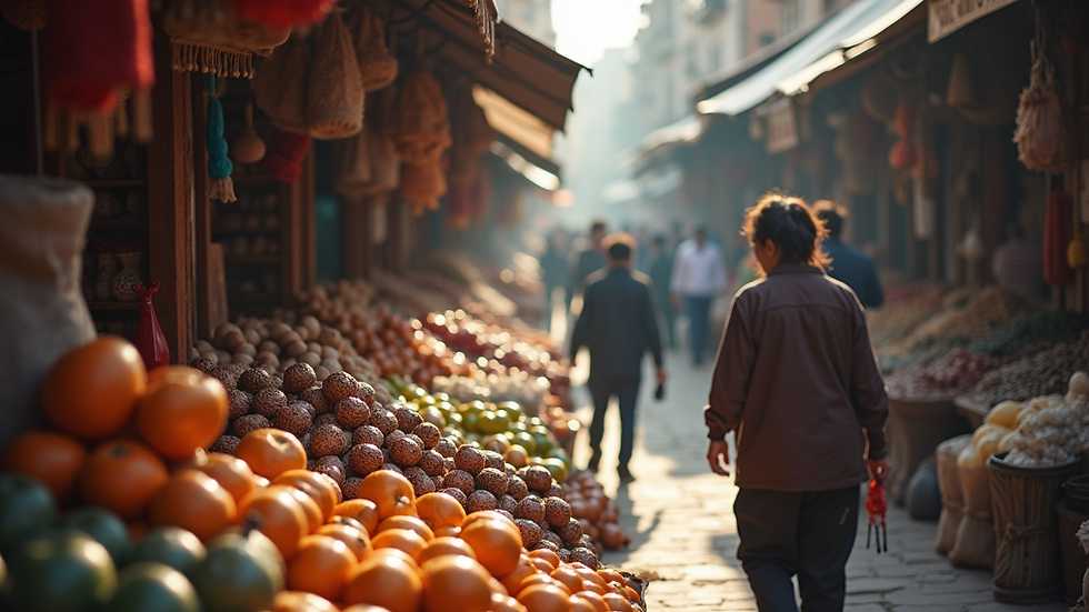 High angle view of a vibrant local market with handmade crafts
