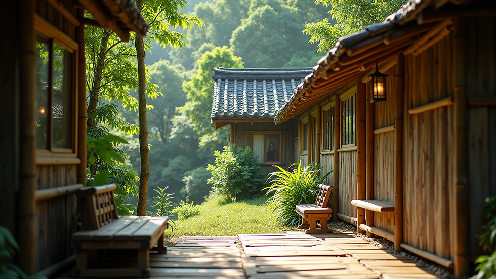 Eye-level view of a traditional bamboo homestay in a green village
