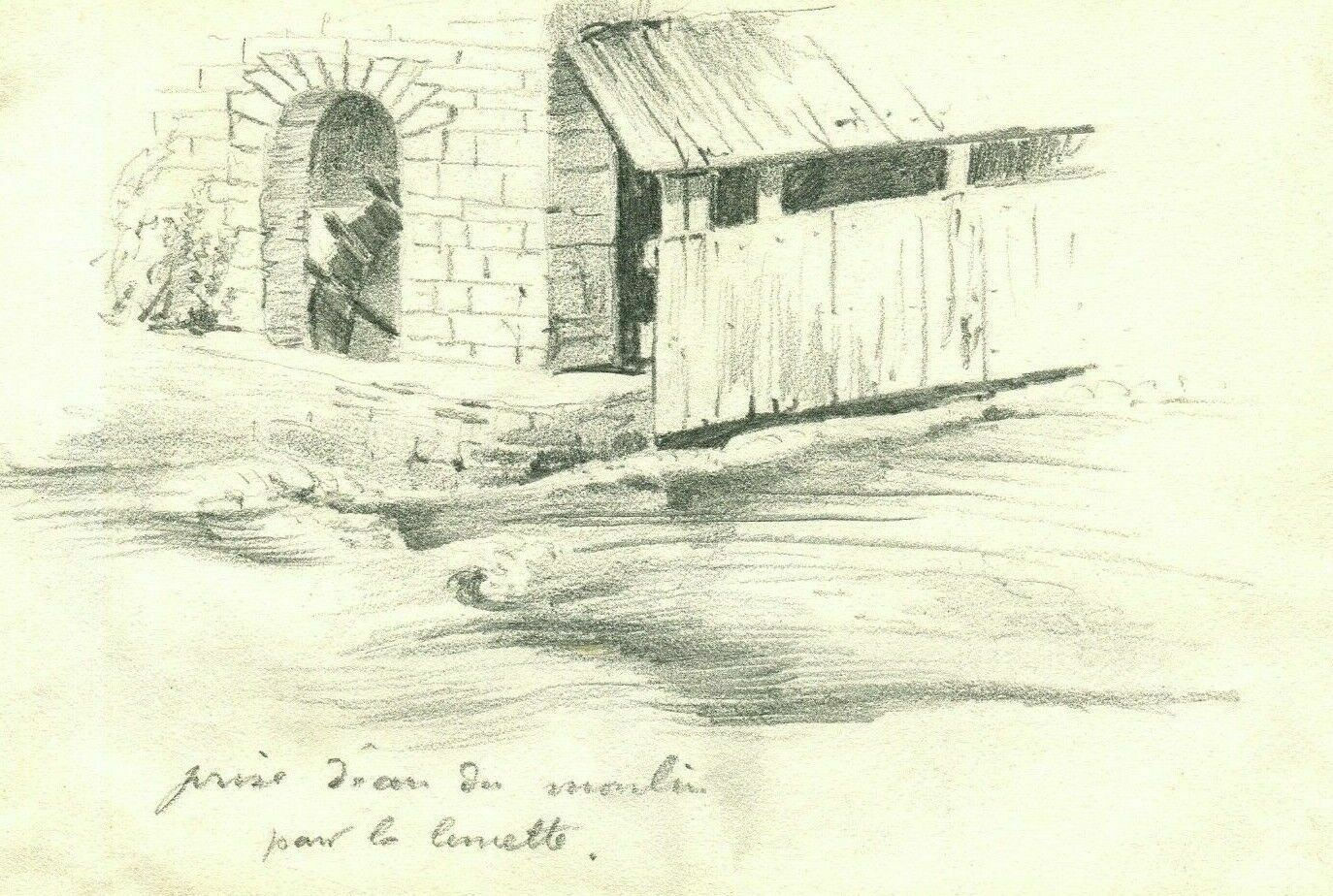 Vintage Pencil Original Drawing signed Landscape River, Watermill