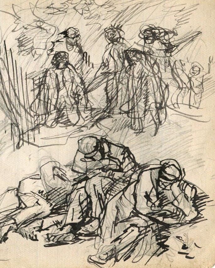 Vintage Ink Drawing Original Genre Scene, Boat, Sketch Figures