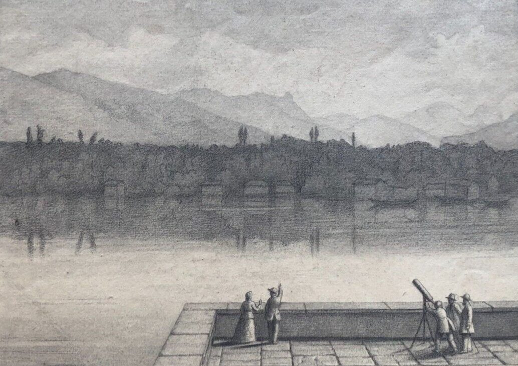 Antique Pencil Old Drawing Original Landscape Mountain Machilly, Geneva Signed