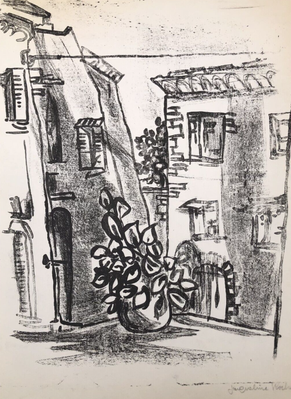 Antique Etching Original Landscape, House, Cityview, Flowers, Building