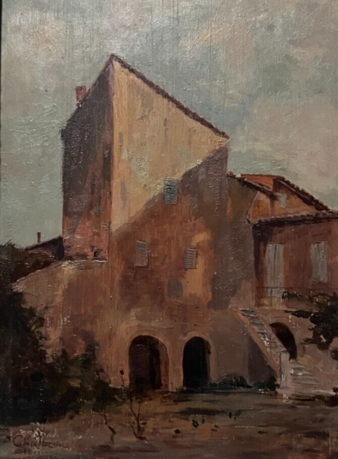 Antique Oil Painting Original Landscape, House, Architecture, Cityview signed