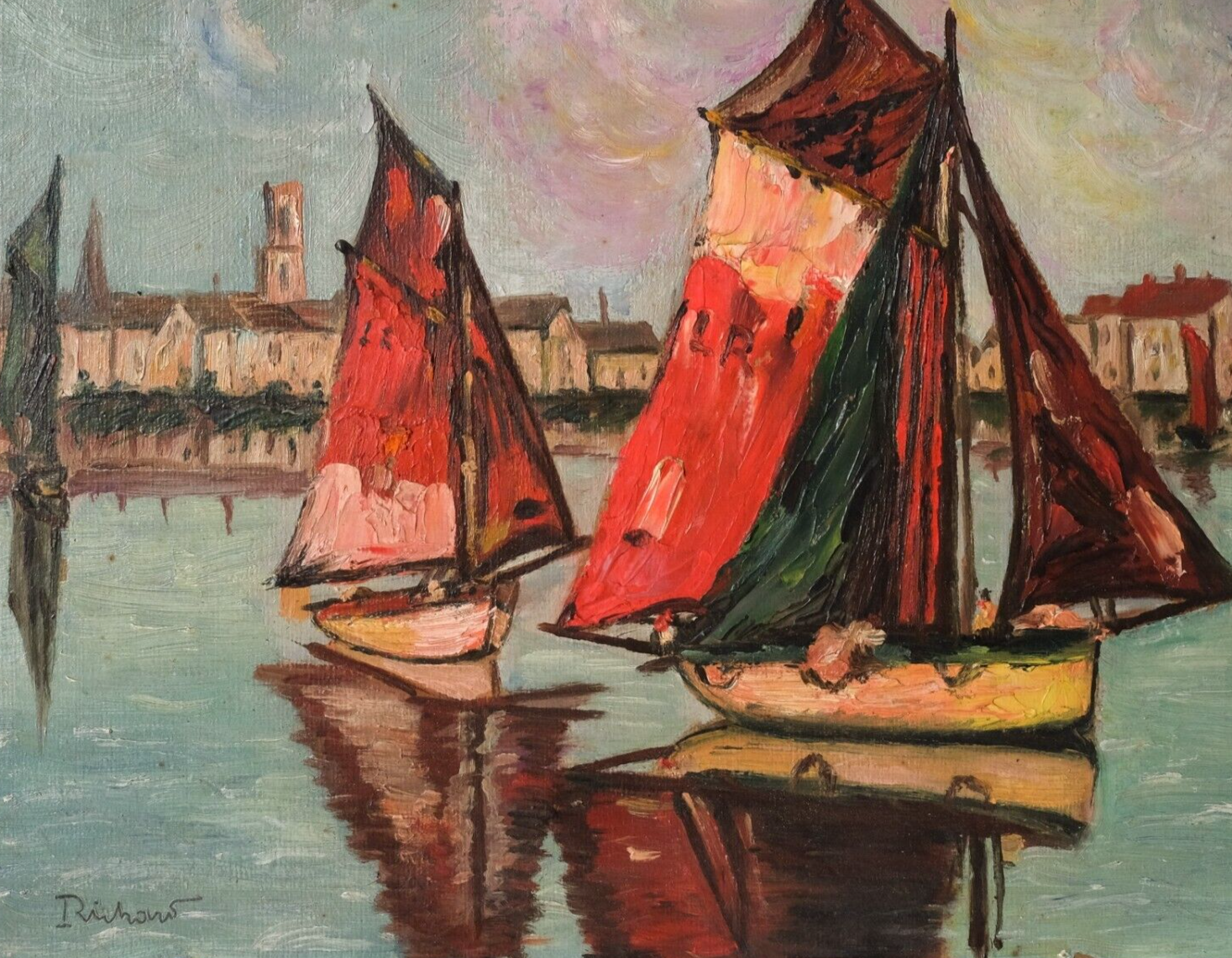 Antique Original Painting Seaview, Boats, Port, Citview, Houses Signed