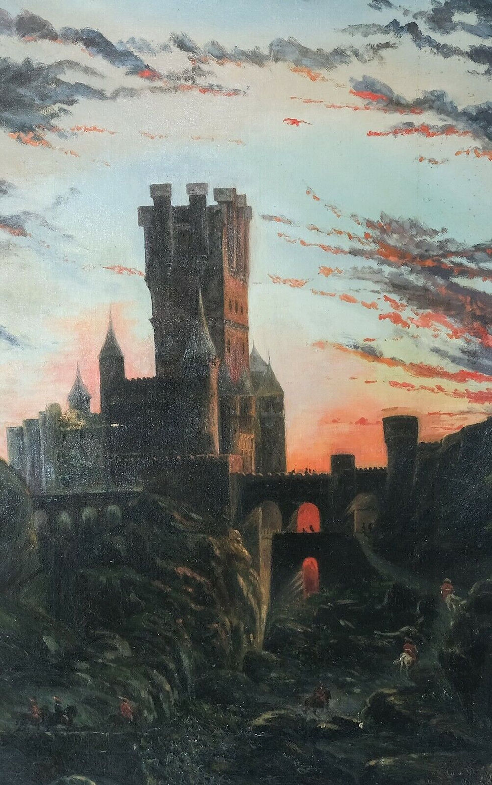 Painting Castle and Figures, Sunset 19th Century