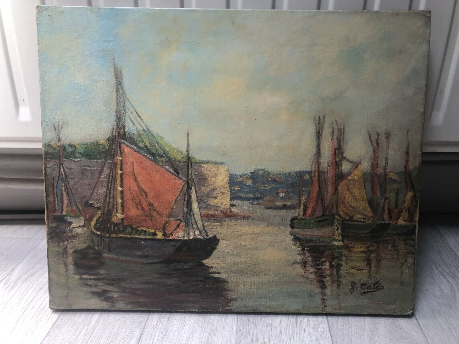 Pierre CALES (1870-1961)? Boats Maritime Landscape Painting