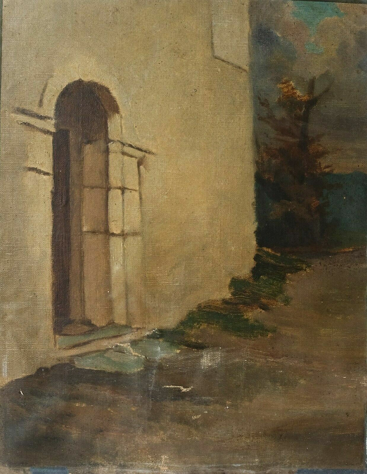 Antique Oil Painting Landscape and House Door Entrance Artwork French