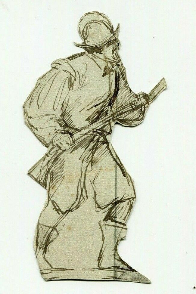 Antique Ink Original Drawing Military Man with Riffle, War
