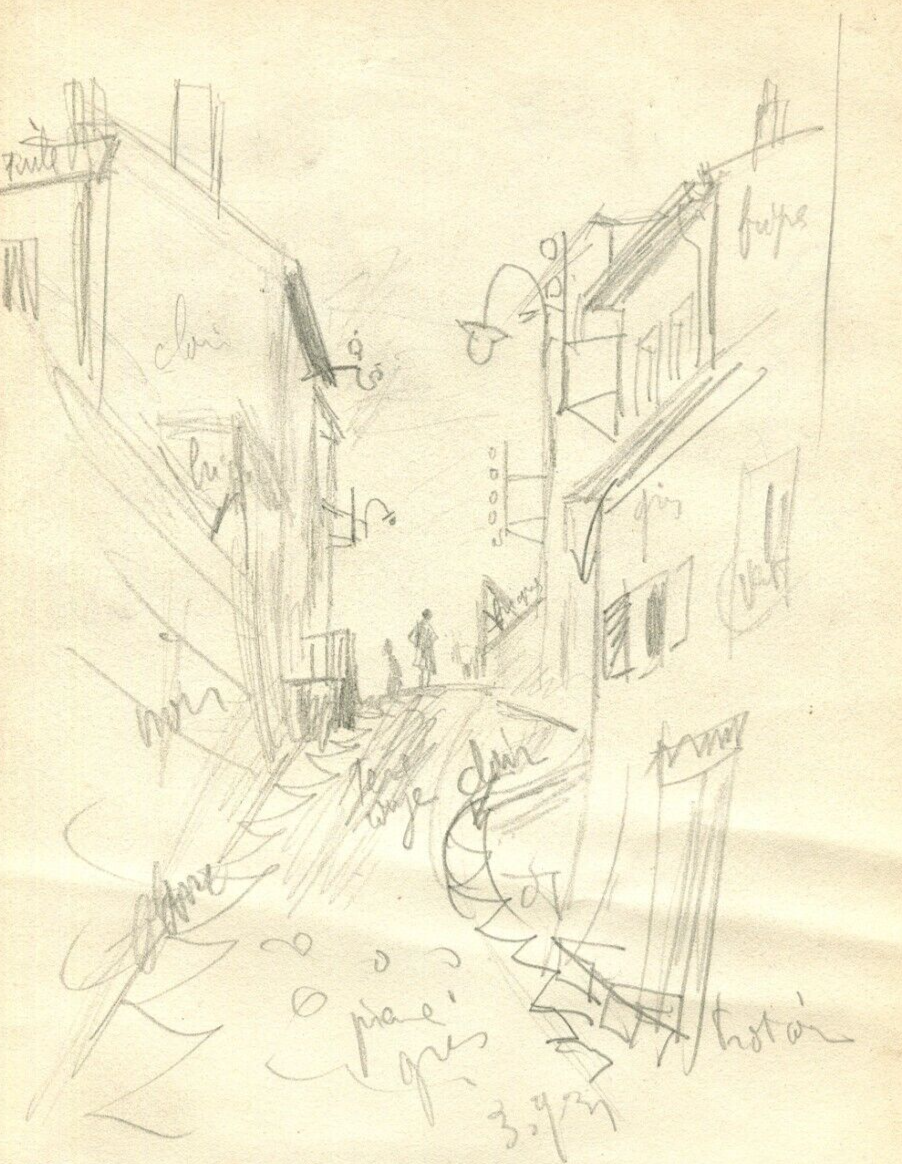 Vintage Pencil Original Drawing Cityview and Figures Sketch c. 1910