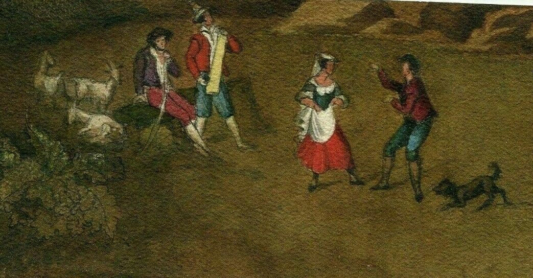 Antique Drawing 19th century Dancing People with Dog and Goats Artwork