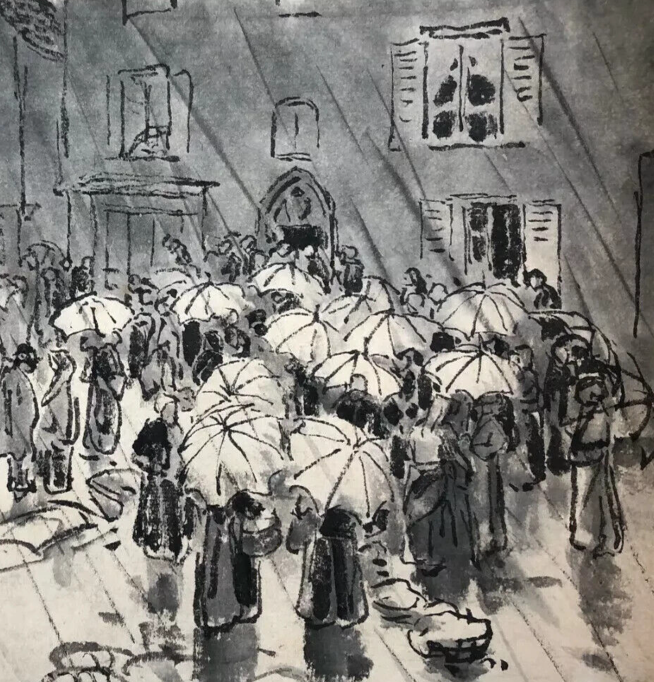 Antique Drawing Characters in the Rain By Jules CHADEL (1870-1942), Umbrellas