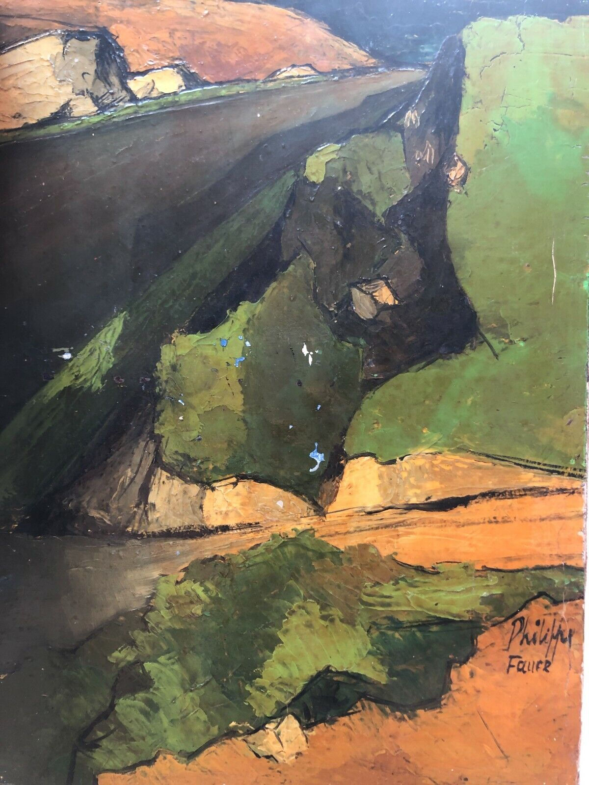 Antique Oil Painting by Philippe FAURE (XX) Green Cubist Landscape 1957