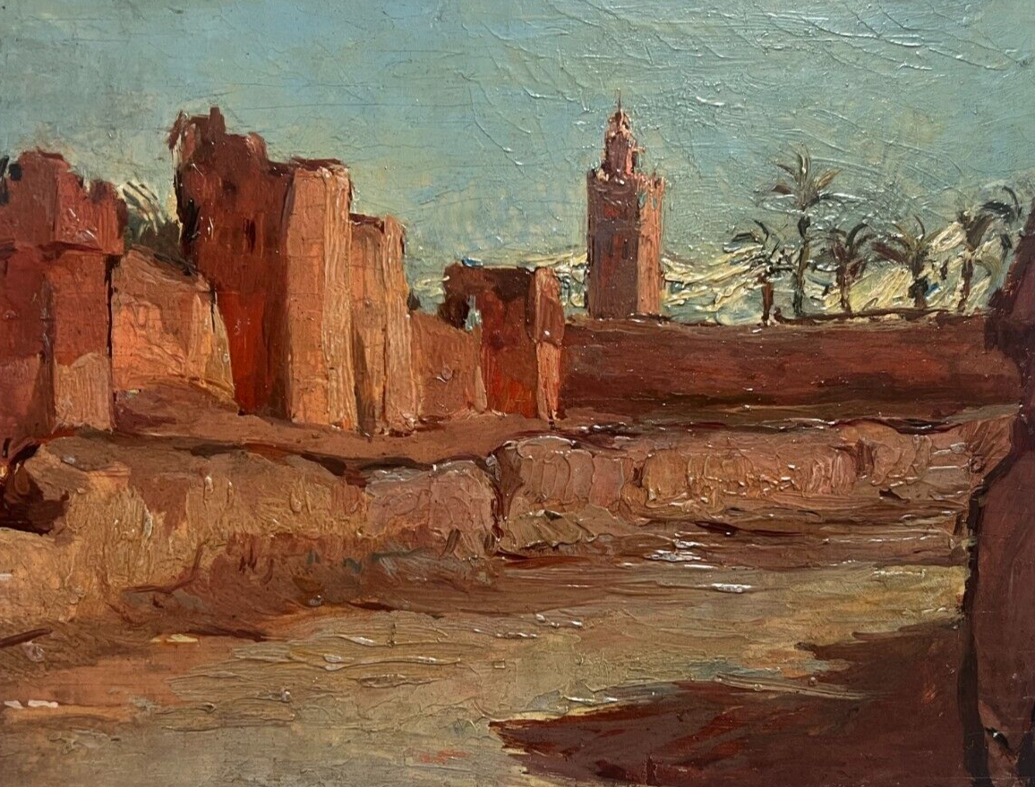 Antique Painting Original Landscape, Koutoubia Mosque in Marrakesh, Morocco