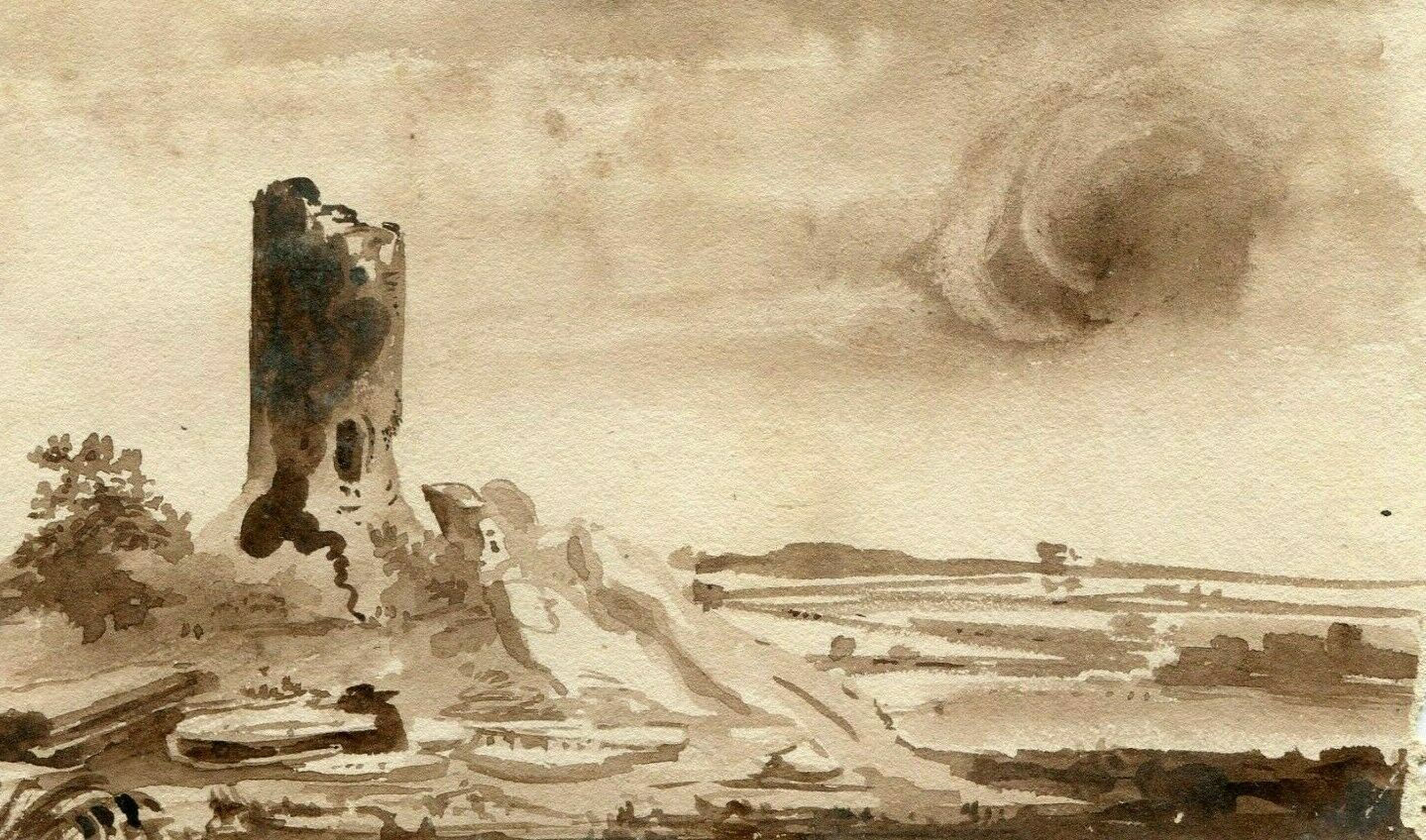 Antique Ink Drawing Original 19th century Castle Landscape Artwork