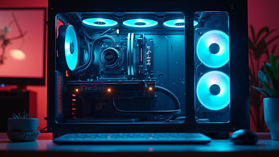 High angle view of a futuristic PC setup with glowing components