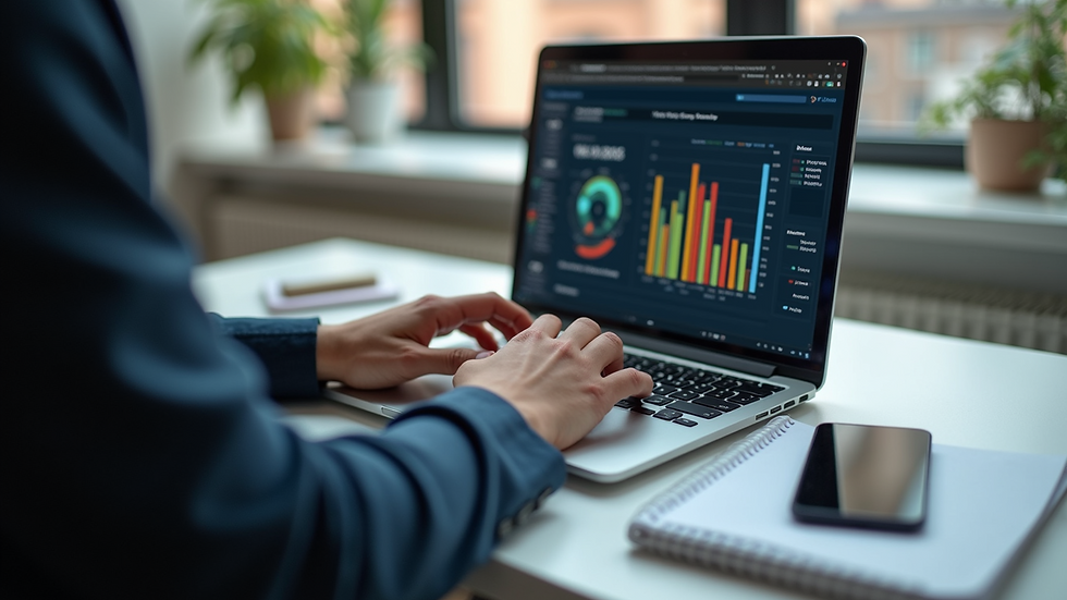 High angle view of a consultant analyzing brand data on a laptop