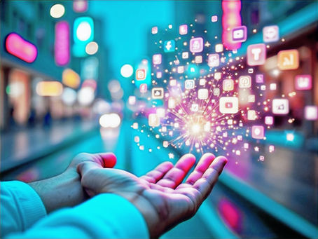 Hands holding colorful social media icons in a vibrant, glowing cityscape. The scene is dynamic and futuristic, with bright neon lights.