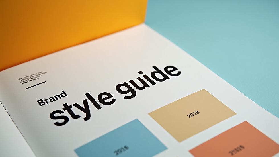 Close-up view of a brand style guide with colors and typography