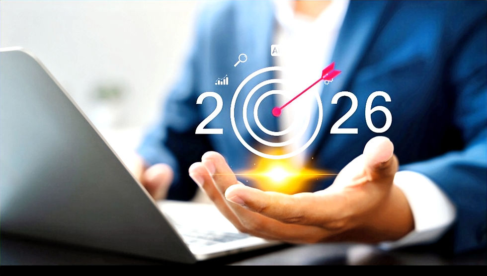 A person in a suit gestures over a laptop, displaying "2026" with a digital target and arrow. Bright light and tech icons create a futuristic vibe.