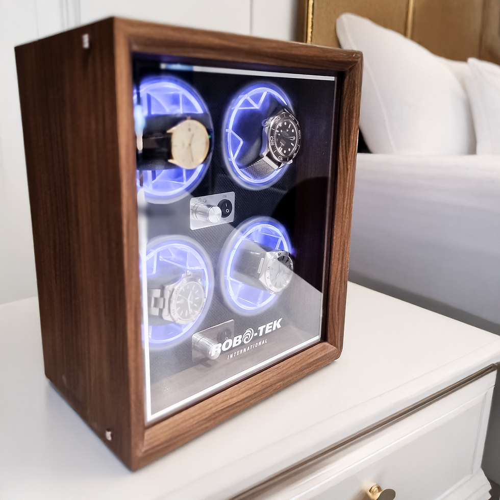 Robo-Tek's robotic watch winder case featuring wood grain veneer, lit up with blue LED lights and sh
