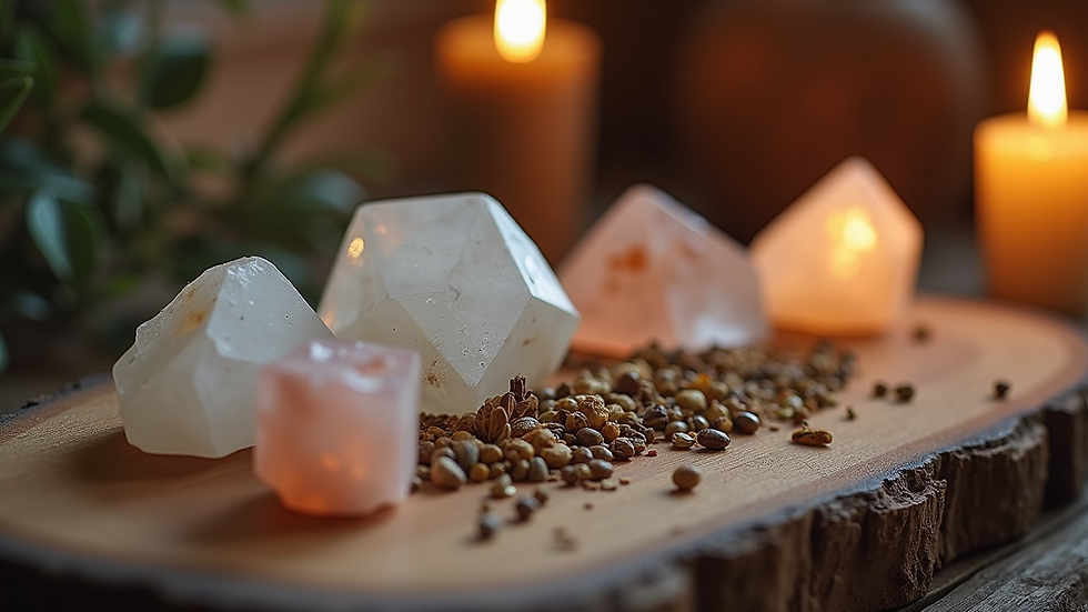 Close-up of a wooden altar with crystals and dried herbs