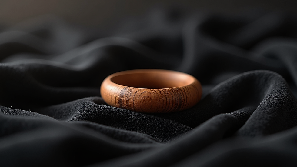 Eye-level view of a wooden aura bracelet resting on a dark velvet cloth