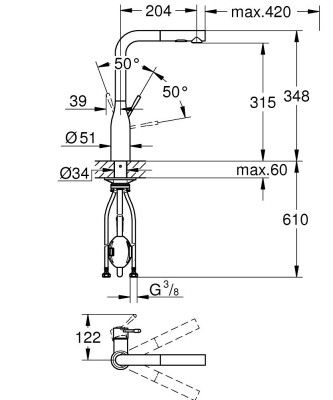 Küçük resim: 30504AL0 Grohe Essence Spiralli Eviye Bataryası, 2 Akışlı, Fırçalı Sert Grafit