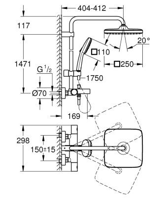 Küçük resim: Grohe Tempesta System 250 Cube Duvara Monte Termostatik Banyo Bataryalı Duş Kolo