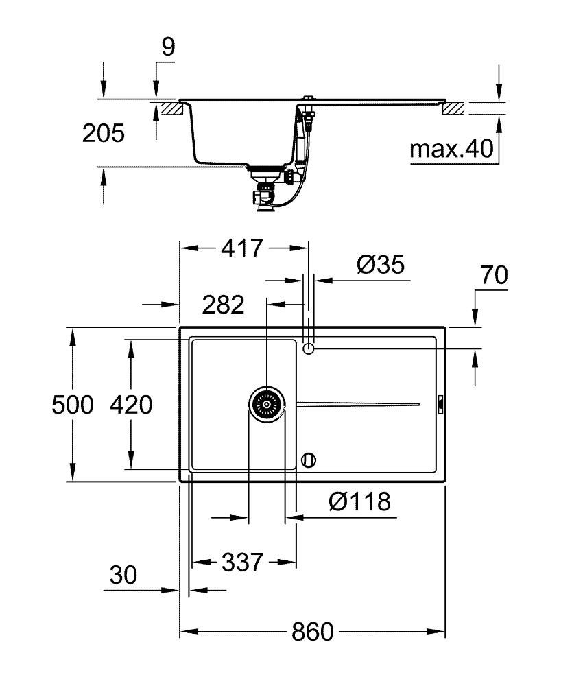 Küçük resim: 31640AT0 Grohe K400 Kompozit Damlalıklı 1 Gözlü Eviye, Granit Gri