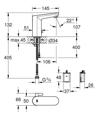 Küçük resim: 36366002 Grohe Get E Fotoselli Lavabo Bataryası (Pilli, Çift Su Girişli)