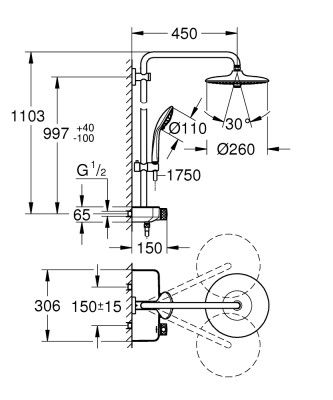 Küçük resim: 26509000 Grohe Euphoria SmartControl 260 Mono Duş sistemi Duvara Monte Termostat