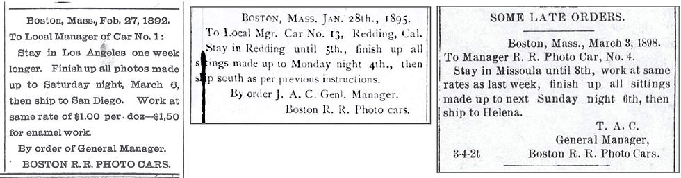 Three newspaper notices from the General Manager of the Boston Railroad Photo Cars.