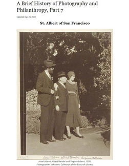 Portrait of Ansel and Virginia Adams standing with Albert Bender in a park