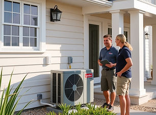 a clean, upscale beach home exterior with HVAC system, with a friendly HVAC professional d