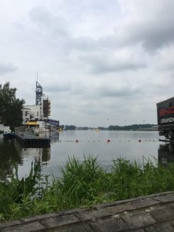 Finding a quiet place to sit and chill pre start...looking out down the swim course