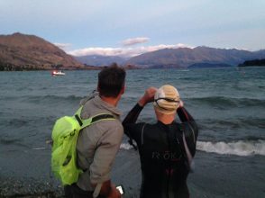 Trying to sight the swim course. Wind and chop made it a little challenging, but good fun all the same